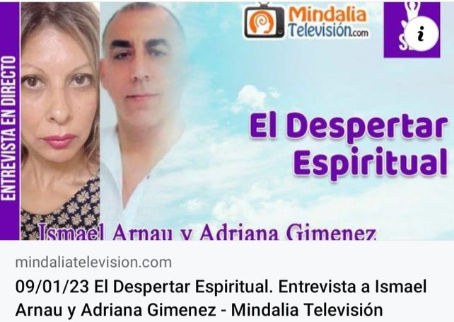 Cartel anunciando la entrevista a Ismael Arnau y Adriana Giménez en Mindalia televisión para hablar del despertar espiritual